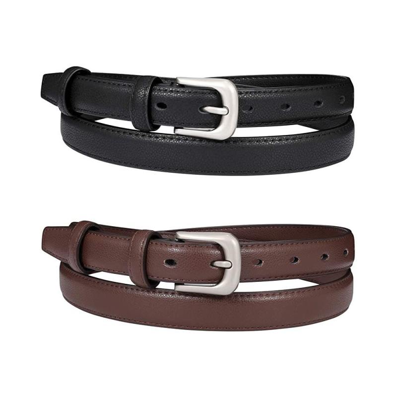 Lot de 2 ceintures en cuir pour femme, fines et élégantes, avec boucle ardillon, idéales pour jeans et pantalons.