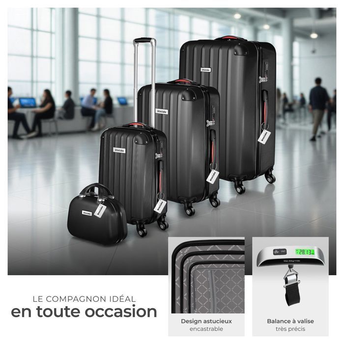 Juego de equipaje - TECTAKE - Juego de 4 maletas rígidas CLEO, báscula para equipaje, apilables, ruedas de 360°, cerradura de combinación - Negro