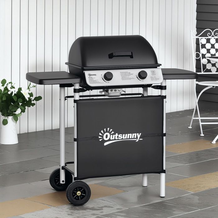 Gas barbecue - Outsunny - 2 stainless steel burners - 2.8 kW power - 2 grills, 2 side shelves, 2 wheels - black