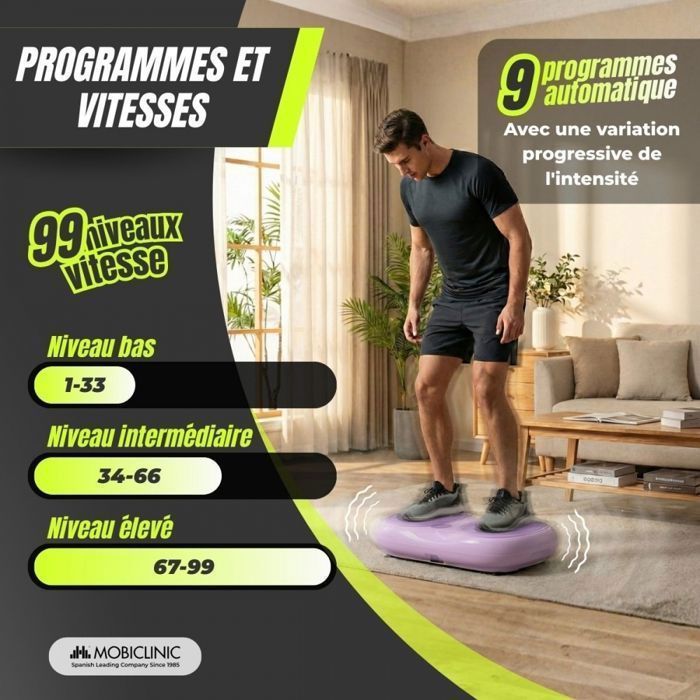 Plataforma vibratoria Mobiclinic con control remoto, 99 niveles de velocidad, bandas de resistencia, 9 programas, pantalla morada, Karol
