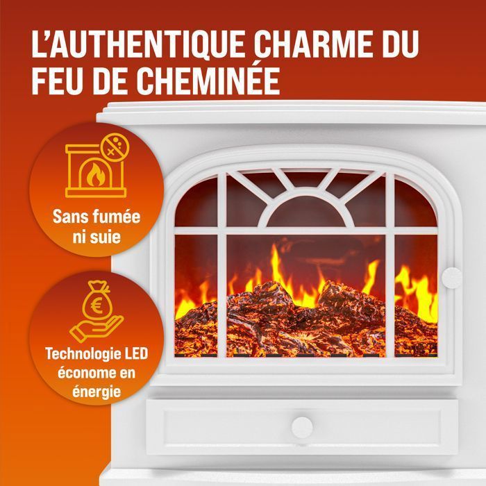 Chimenea eléctrica DEUBA® con efecto de llama, 2000 W, 2 niveles de calor, calefactor eléctrico con ventilador, luz LED, chimenea decorativa, blanca.
