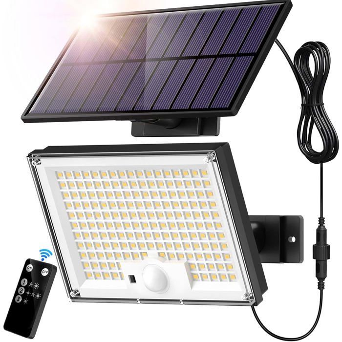 Lámpara solar de exterior con 172 LED, 3 modos, sensor de movimiento y clasificación IP65 (luz blanca fría).