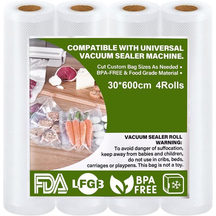 Bolsas para envasar al vacío de alimentos, 4 rollos de película para envasar al vacío de alimentos de 30 x 600 cm, 150 µm, sin BPA, resistente al desgarro [MA285]