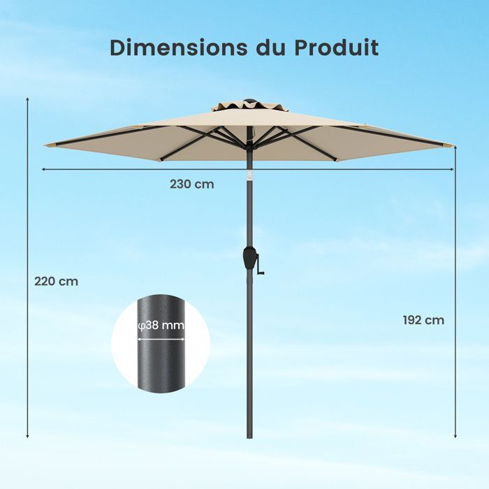 Parasol de Jardin 230cm - COSTWAY -Angle Réglable 35°- Inclinaison par Bouton-Poussoir -Manivelle-Toile Ventilée pour Terrasse Beige
