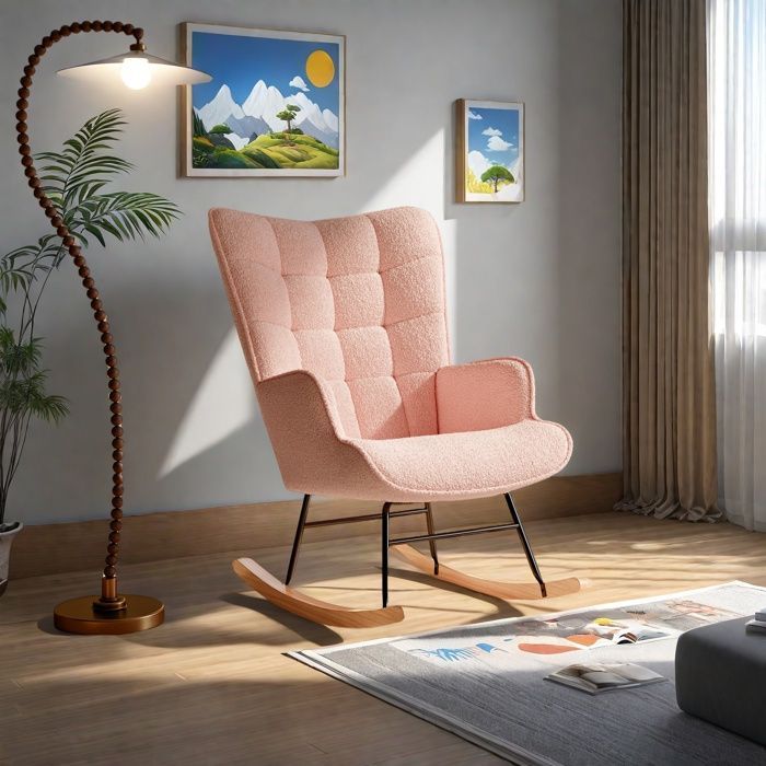 Sedia a dondolo imbottita, sedia a dondolo per allattamento, tessuto in velluto effetto orsetto, supporta fino a 120 kg, stile elegante, rosa
