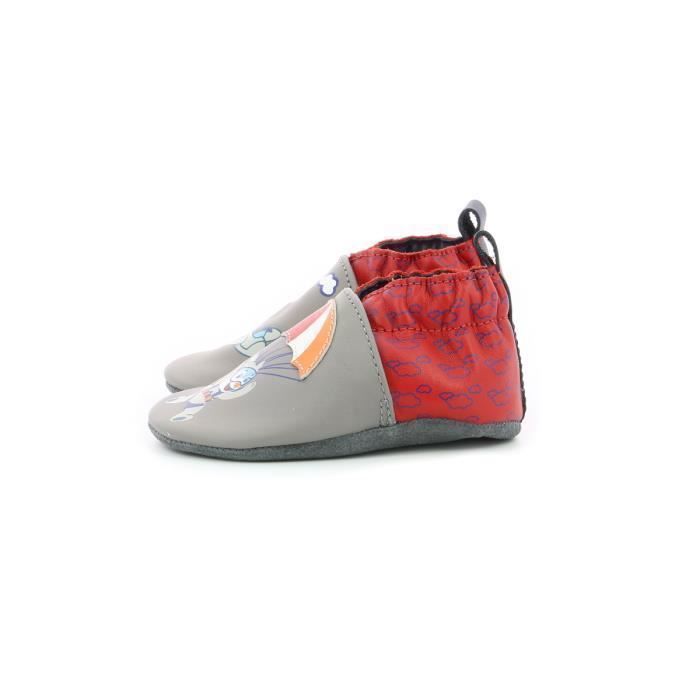 Chausson bébé garçon - ROBEEZ - Happy Wolf - Gris - Cuir - Enfiler