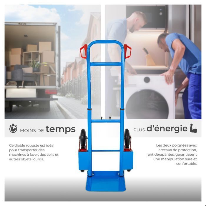 TECTAKE - Carretilla elevadora para escaleras - Plataforma plegable, ruedas de 6 radios, capacidad de 200 kg, acero - azul