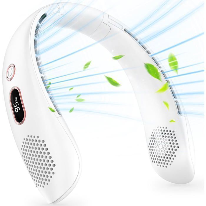 Ventilateur de Cou Portable,3000mAh Rechargeable USB,3 Vitesses et Affichage LED,pour Bureau Domicile Voyage En Plein Air(Blanc)