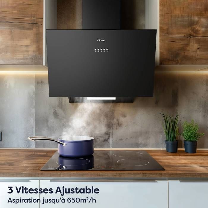 CIARRA Hotte Aspirante Inclinée 60cm A+++ 650m3/h avec Filtre au charbon Recyclage ou Evacuation Noir