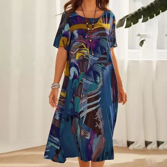 Vestido midi de manga corta estilo bohemio para mujer con cuello redondo, estampado artístico, corte holgado, vestido de verano, azul.