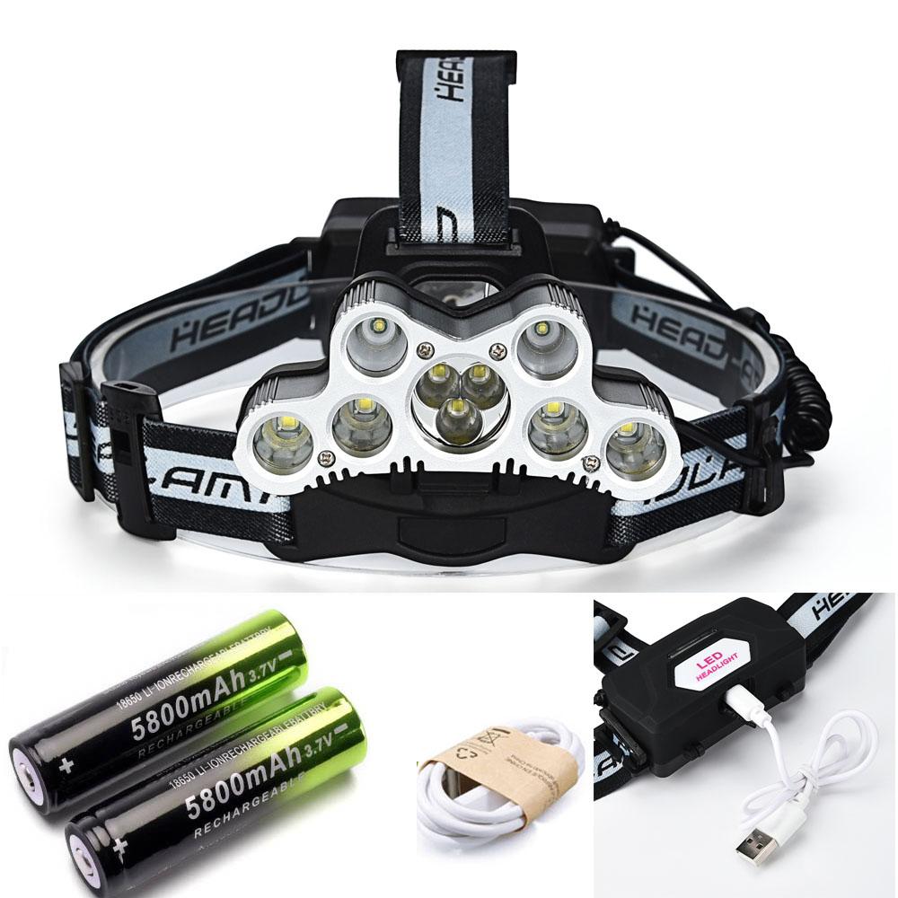 Lampe frontale rechargeable USB à 9 LED, puissante (20 000 lm), accus 18650, 7 LED XML T6+2Q5, idéale pour le camping.
