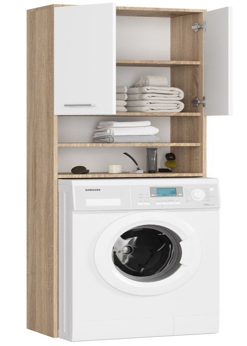 Armoire pour machine à laver 64x30x180cm - Meuble SDB- Meuble de rangement buanderie 2 portes et 4 étagères - Sonoma+Blanc
