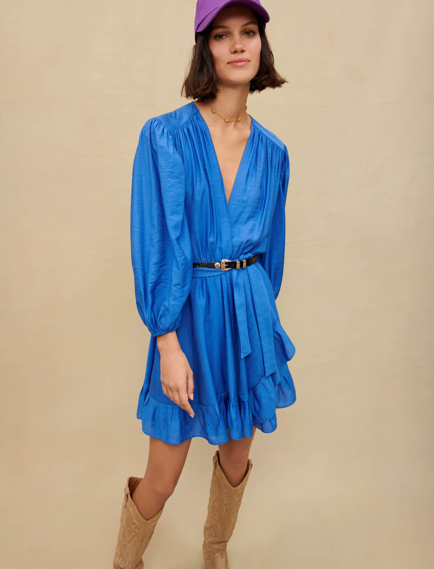 Korte jurk met ruches - Blauw