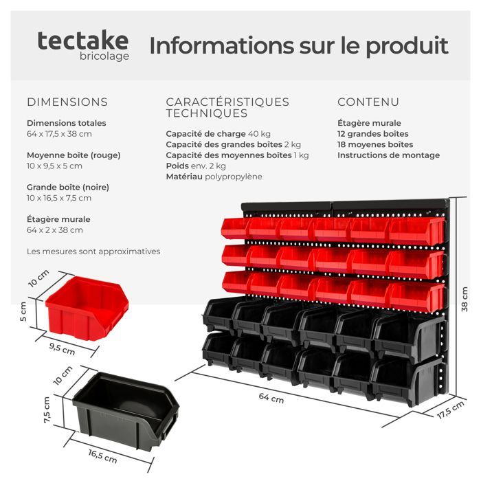 Estantería de pared - TECTAKE - Estantería de pared con contenedores de almacenamiento de polipropileno - Negra