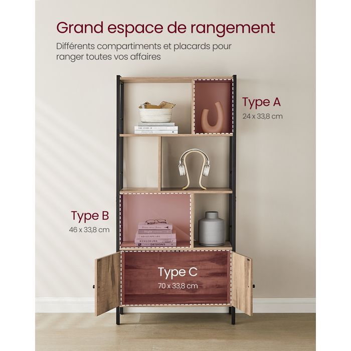 Libreria a 4 ripiani VASAGLE, mobile contenitore, armadio con ante, grande, struttura in acciaio, marrone cammello e nero