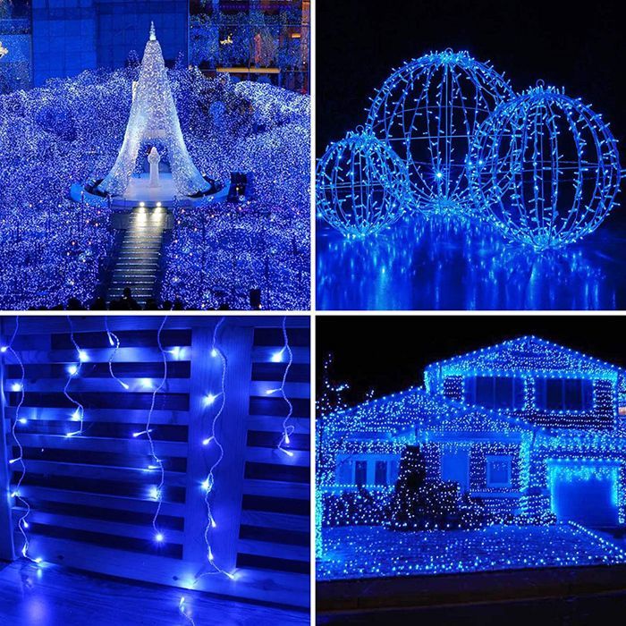 Outdoor Christmas String Lights with Plug, Blue, IP44, 20m, 200 LEDs, Memory/Timer, 8 Modes, For Garden/Wedding/Parties