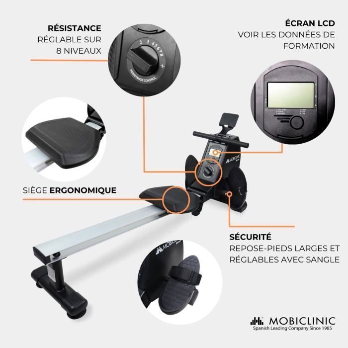 Máquina de remo magnética Mobiclinic para uso doméstico, volante de inercia de 6 kg, 8 niveles de resistencia, capacidad de 120 kg, color negro RowFit.