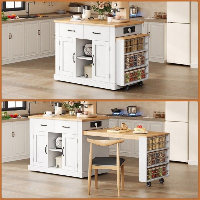 Îlot de cuisine mobile,132 (235)x60x93 cm,desserte de cuisine,table à manger extensible,table de bar,7 roulettes,étagères réglables