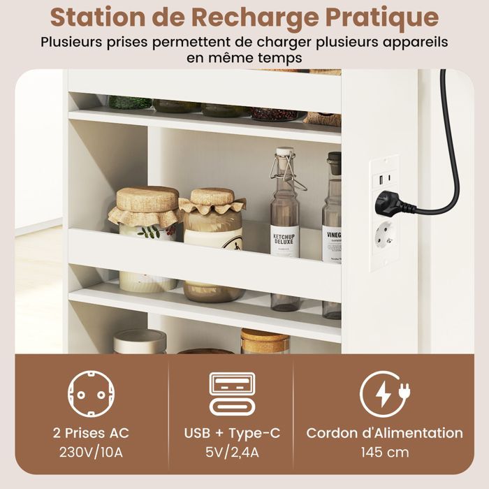 GIANTEX Narrow Kitchen Trolley with Wheels - 47.5x20x80.5cm - Charging Station - 4-Tier Serving Cart - White + Natural