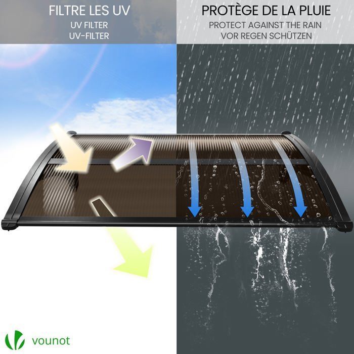 VOUNOT® Marquise auvent de porte d'entrée 120x80cm avec support central - Polycarbonate - Anti-UV - Marron