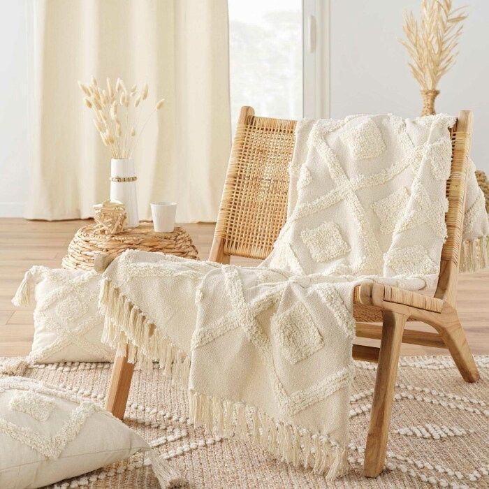 Plaid à franges 125 x 150 cm – Tissé en coton/polyester texturé Inca