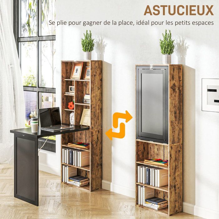 Desk with storage - HOMCOM - foldable - bookcase, workstation, blackboard, adjustable shelf - MDF - 98x51x153cm - brown