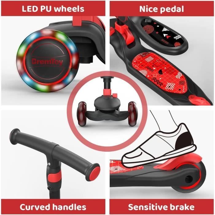 Monopattino a LED per bambini - 3 in 1 - Pieghevole con sedile - Rosso e nero