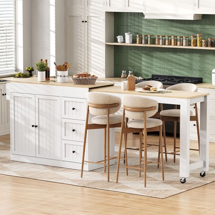 Îlot de cuisine extensible à roulettes 112-186×45×93 cm Table de salle à manger avec plan de travail 2 portes 3 tiroirs - blanc