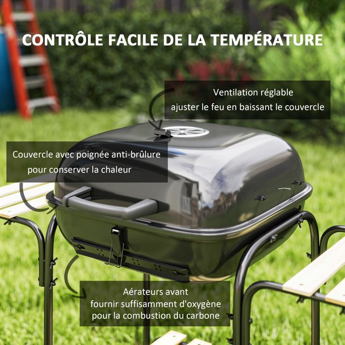 Barbacoa de carbón Outsunny - Superficie de cocción de 1840 cm² - Con parrilla, tapa, estantes y ruedas - Negra