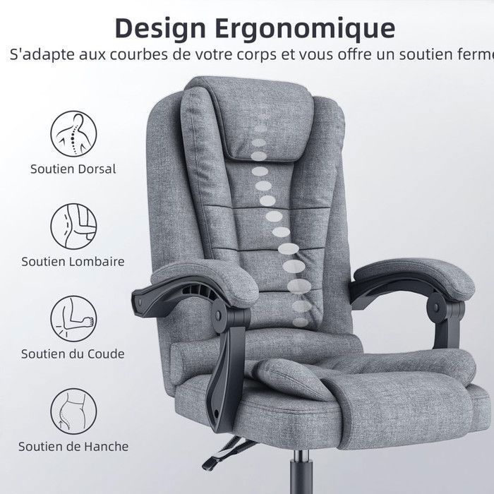 Silla de oficina BIGZZIA, sillón con asiento ancho acolchado, asiento ergonómico de tela de lino, altura ajustable 10 cm, gris.