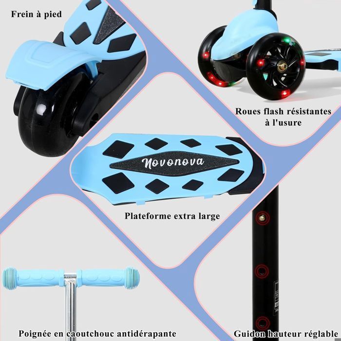 Monopattino pieghevole con 3 ruote illuminate a LED per bambini dai 2 ai 5 anni, manubrio regolabile in altezza su 3 posizioni, colore blu.