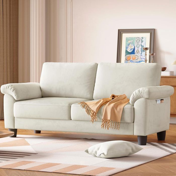 Sofá de 3 plazas de terciopelo beige para salón, sofá moderno escandinavo con 2 cojines, bolsa de almacenamiento, 178x76x87cm
