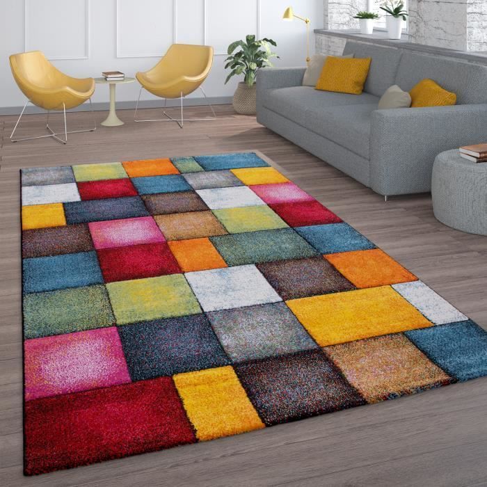 Living Room Rug with Short Pile Design, Colorful Checkered Square, Multicolored [60x110 cm]