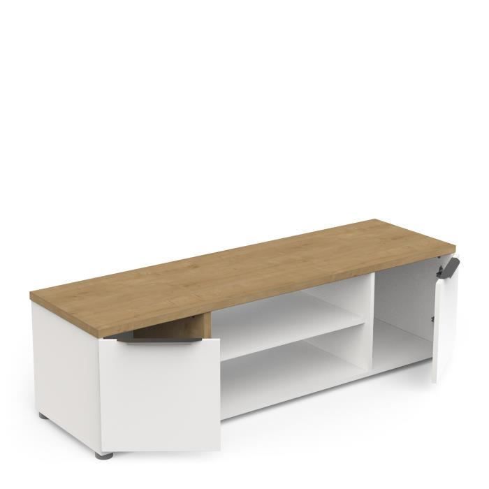 Conjunto de salón ACCESS: Mesa de centro + mueble para TV + aparador de 4 puertas - Acabado en roble Hamilton y blanco