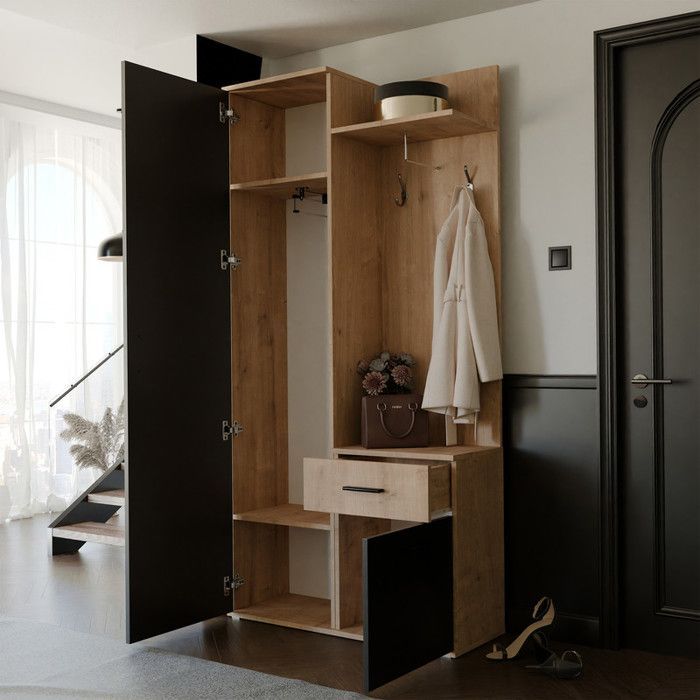 Appendiabiti LEA con specchio - Appendiabiti con ganci e cassetto - Rovere artigianale/Nero - 97 x 30 x 195 cm