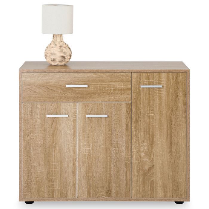 Zapatero CAMILLE, cómoda/mueble de almacenamiento con 1 cajón y 3 puertas, en melamina efecto roble Sonoma.