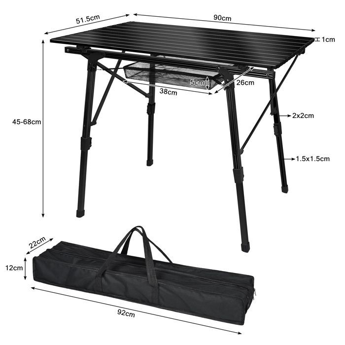 Mesa de camping de aluminio LZQ, mesa plegable de altura regulable, mesas de camping, mesa de camping plegable, color negro.