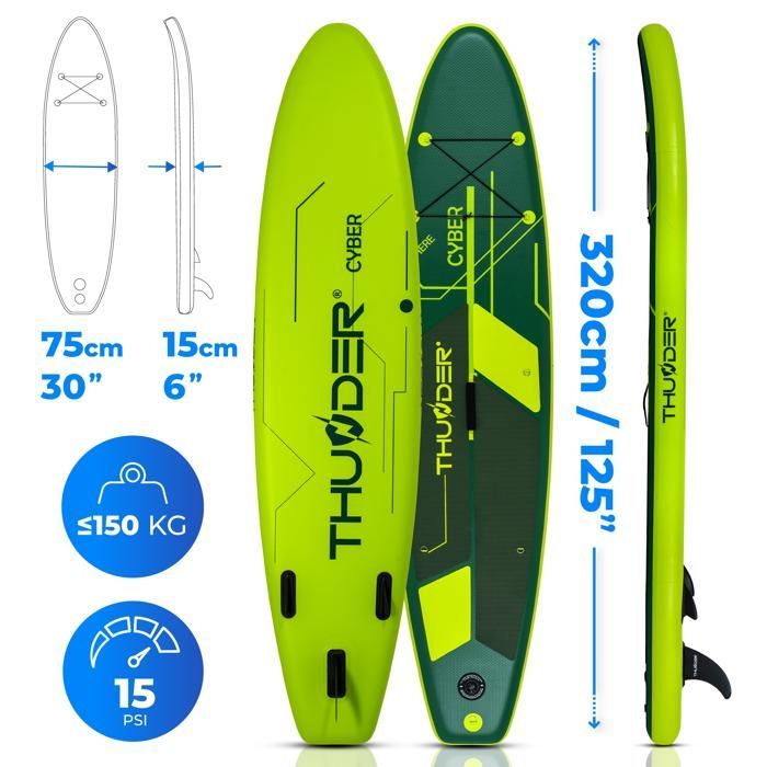 Prancha de Stand Up Paddle Inflável THUNDER® para Turismo | Acessórios Completos | 320 cm | PVC | Estilo CYBER | Verde