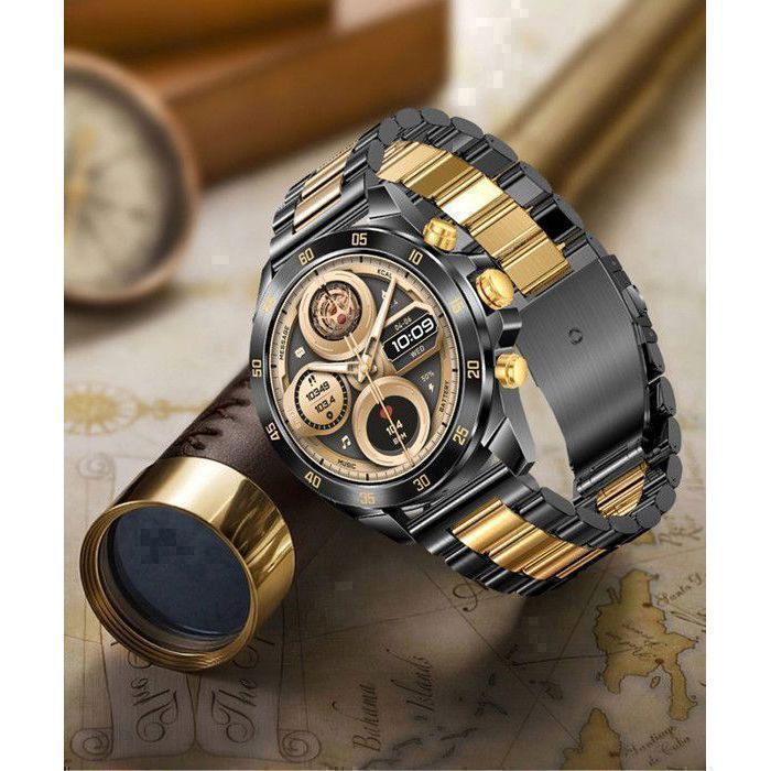 Smartwatch da uomo XtraDiTech, bracciale in acciaio inossidabile di lusso con contrasto nero e oro, display AMOLED da 1,43
