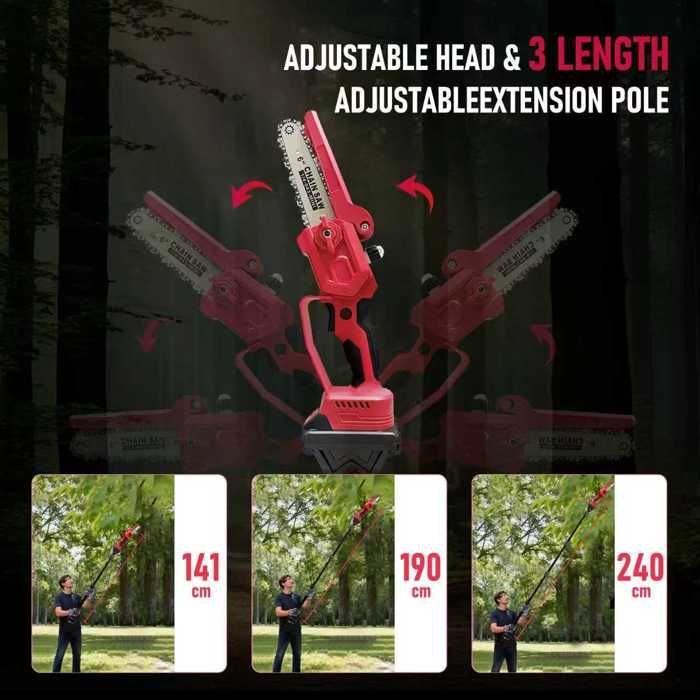 Scie Électrique Multifonction 4-en-1 21V Sans Brosse avec Perche Télescopique en Aluminium et Chaîne 6