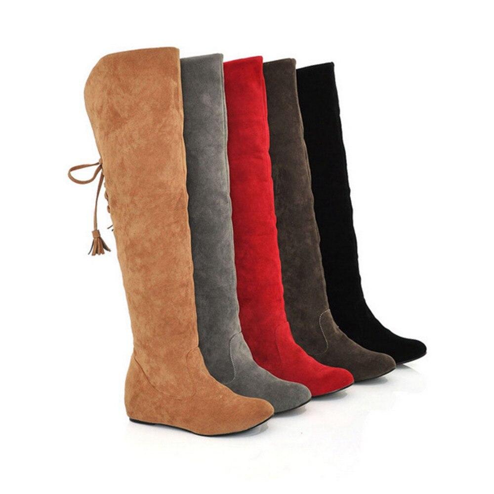 Stivali da donna sexy in finta pelle scamosciata, sopra il ginocchio, piatti, caldi, comodi, alti fino alla coscia, scarpe invernali da donna di alta qualità con lacci.