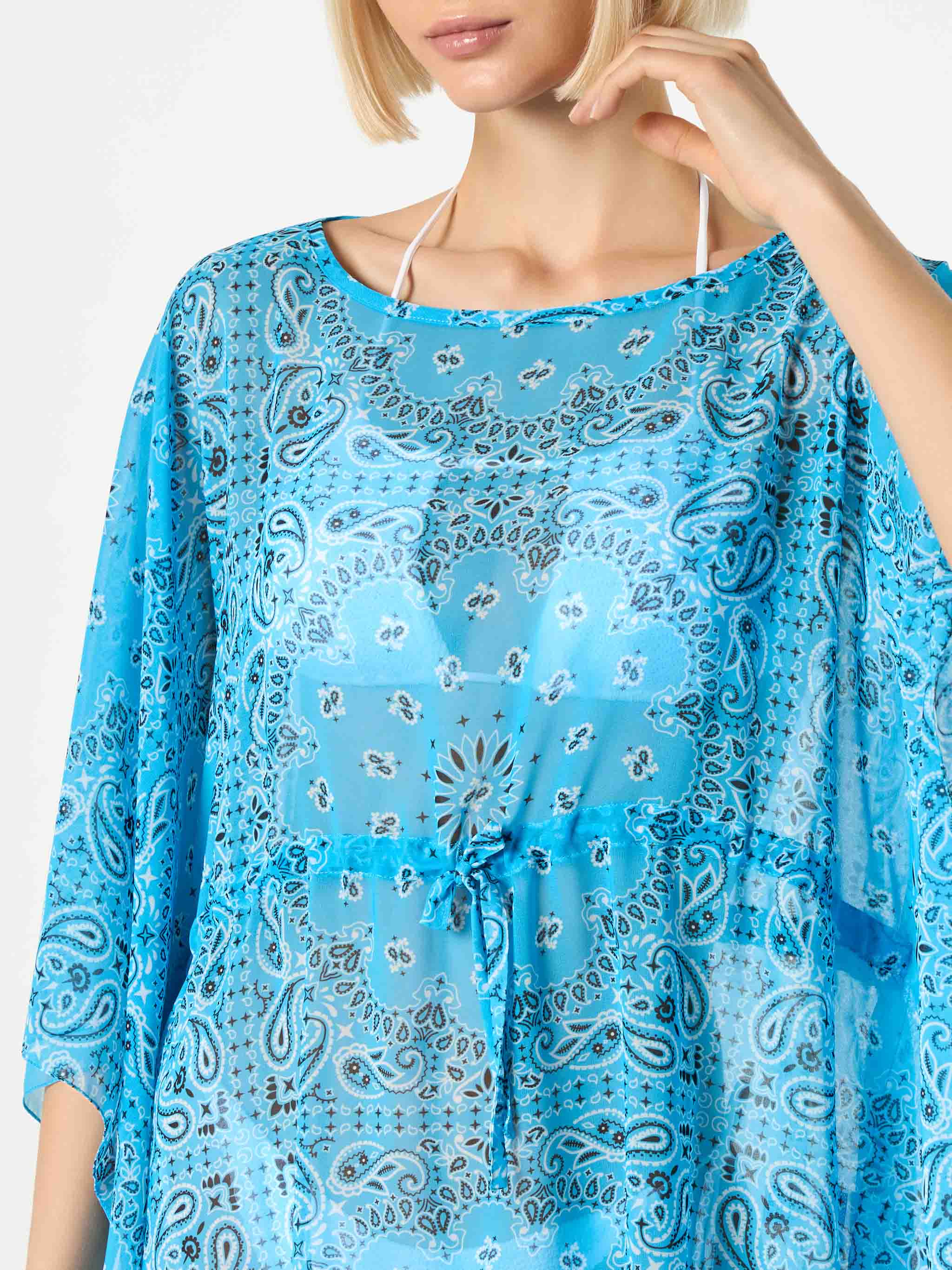 Printed Caftan with Turquoise Bandanna Print | Poncho Long Sleeves & Boat Neckline | One Size | 100% Polyester | MC2 Saint Barth