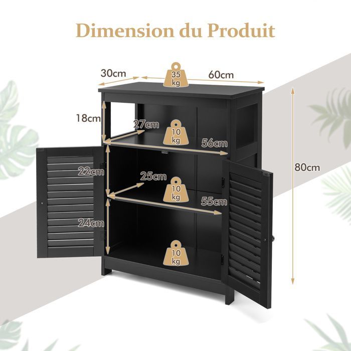 COSTWAY Meuble de Rangement pour Salle de Bain en Bois avec Placard 2 Portes à Volet Etagère Réglable pour Salle de Bain Salon Noir