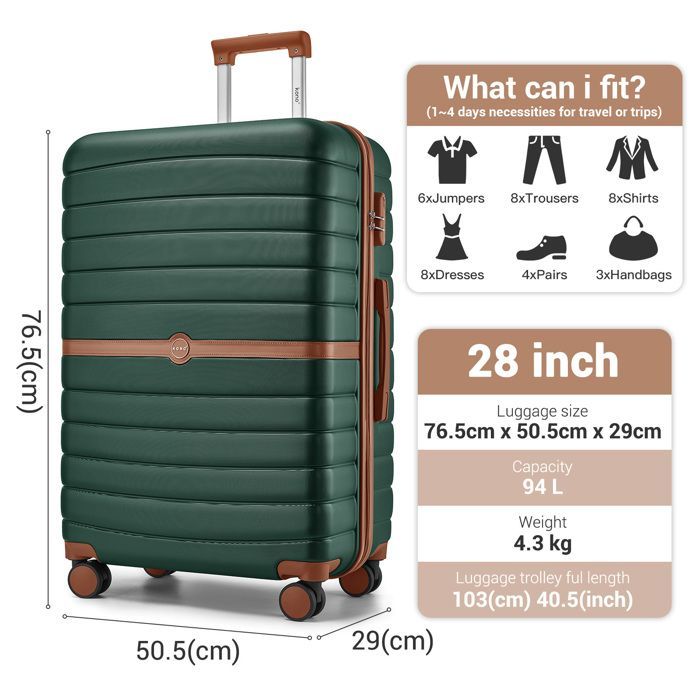 Maleta de viaje grande Kono de 76,5 x 50,5 x 29 cm, ABS+PC, carcasa rígida, 4 ruedas y cerradura, carrito de viaje, 94 L, azul