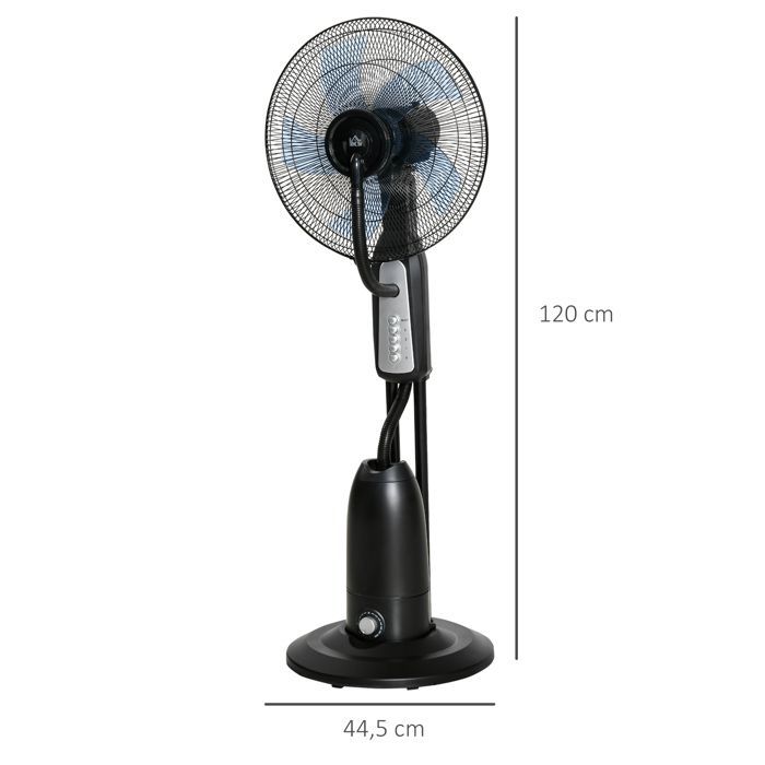 Ventilador nebulizador silencioso - HOMCOM - con ruedas, 3 velocidades, oscilación de 70°, cabezal inclinable, depósito de agua de 2,8 L - 120 cm - negro