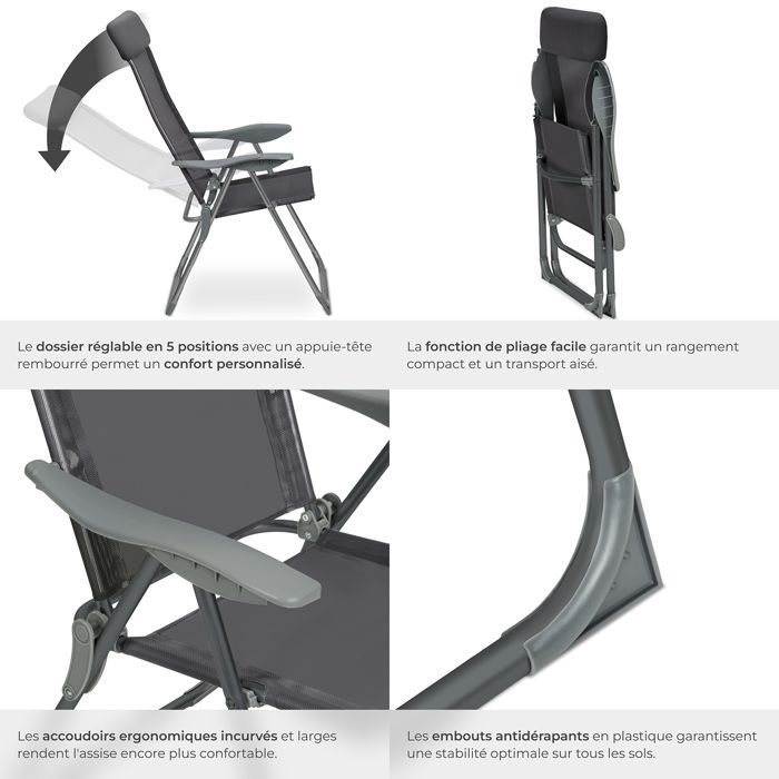 Tuinstoelen - TECTAKE - Set van 4 MAURINE opklapbare buitenstoelen van aluminium met gewatteerde hoofdsteun - Antracietgrijs