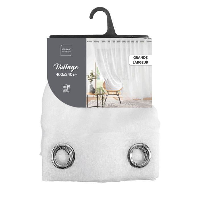 Voilage spécial baie vitrée  Largeur 400 x 240 cm – Voile sablé Lissea Blanc