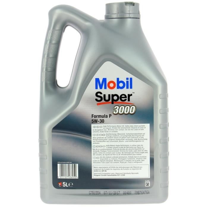 Aceite sintético para motor 5W-30 - MOBIL - Super 3000 - Formula-P - Lata de 5 L - Alto rendimiento - ACEA C2 - API SN