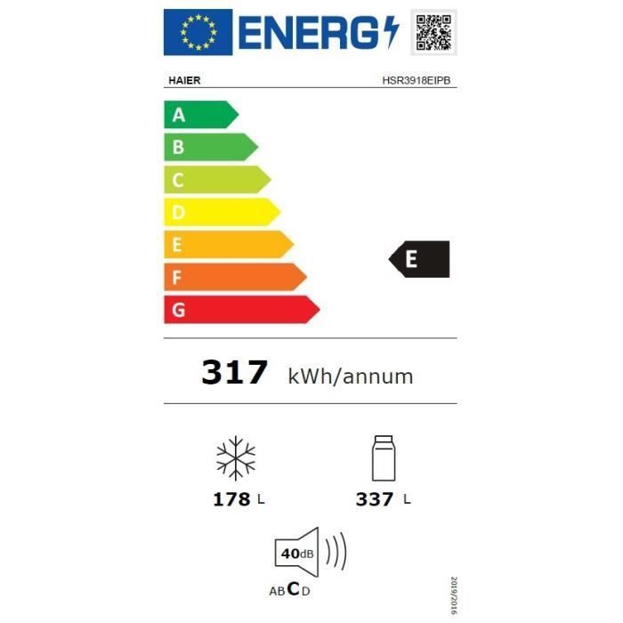 American-style refrigerator - HAIER - SBS 90 Series 3 HSR3918EIPB - Energy Class E - 515 L - 180 x 90 x 65.9 cm - Black
