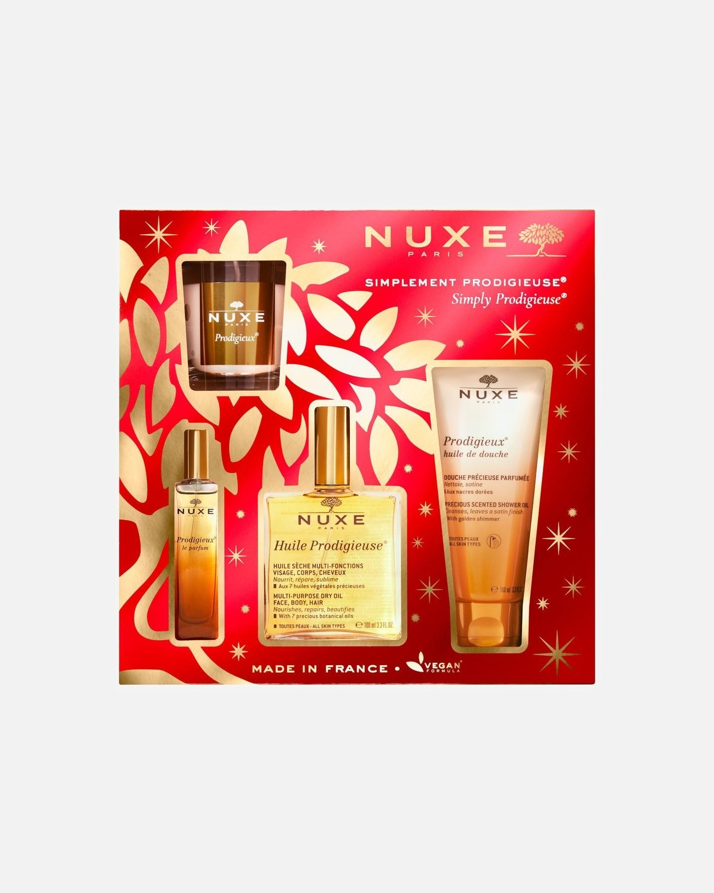 NUXE set za njegu tijela Nuxe Prodigieux® poklon set - Prodigieux® ulje za tuširanje 100 ml + Huile Prodigieuse® 100 ml + Prodigieux® Le Parfum 15 ml + svijeća Prodigieuse® 70 g 1 kom.